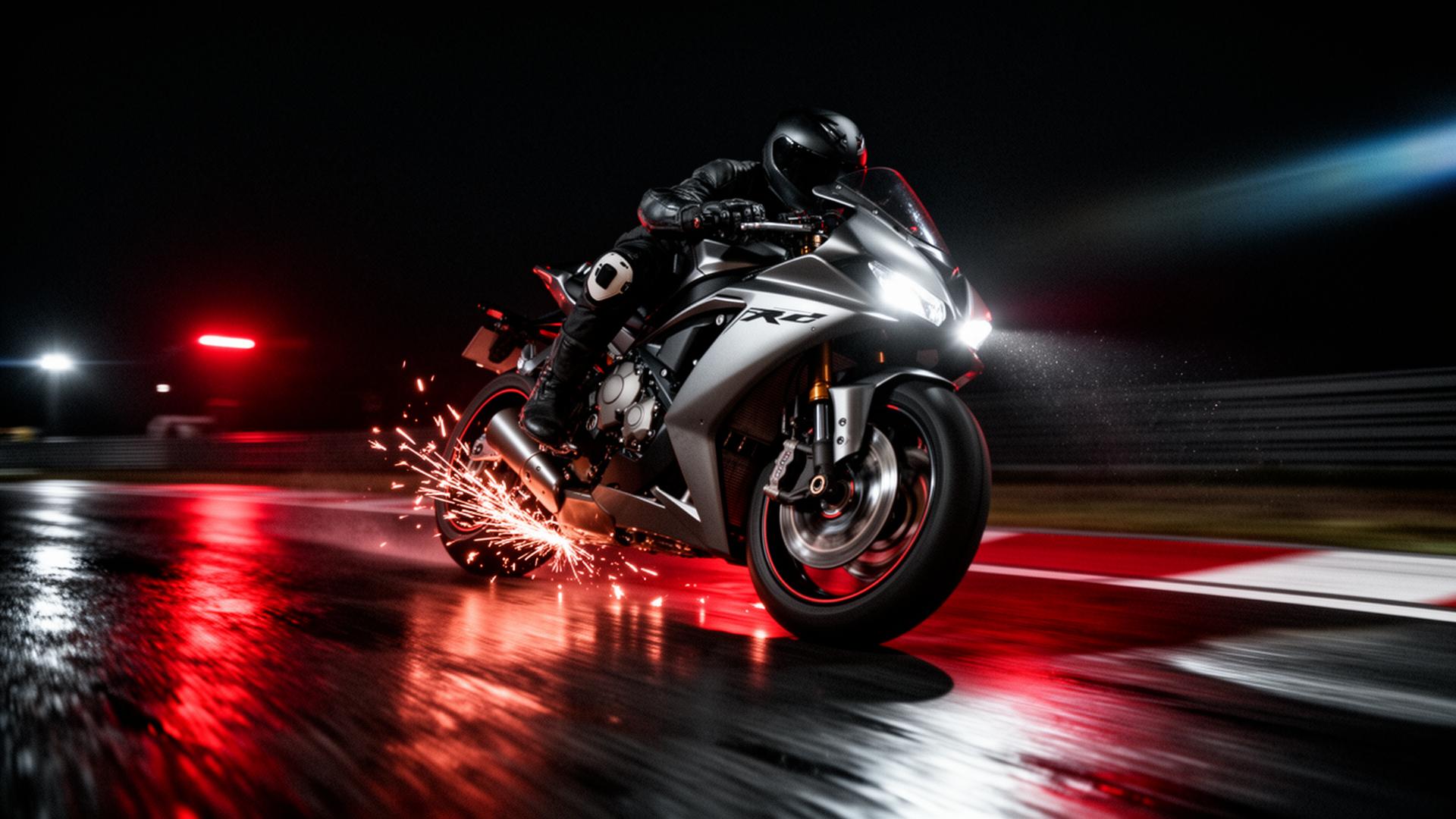 Race motorcycle leaning into a corner with sparks at night